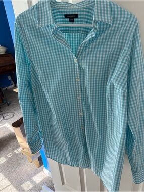 Lands' End Aqua and White Gingham Button-Down Shirt